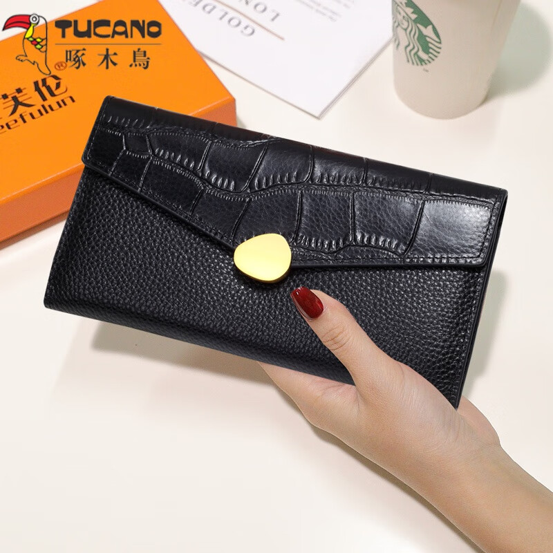 Woodpecker (TUCANO) Yellow Lucky Large Capacity Genuine Leather Wallet for Women 2026 New Soft Cowhide Crocodile Pattern Hand Wallet for Mobile Phone Bag Rich Yellow