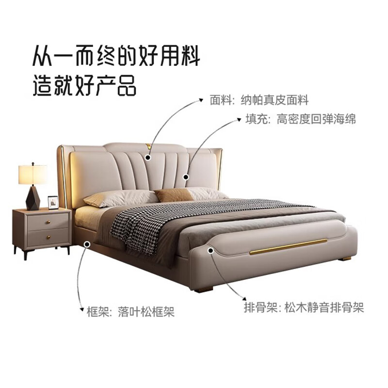 Modern simple Italian light luxury master bedroom double bed large bed storage bed furniture leather bed soft-packed bed leather bed wedding bed leather bed door-to-door delivery 1800mm*2000mm frame structure