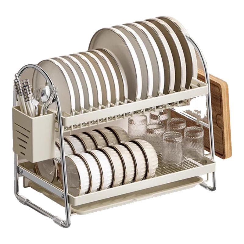 GNNDXX German bowl rack, dish storage rack, kitchen storage rack, multi-functional bowl counter top household dishes and chopsticks drain rack, milk white, double layer 40CM+chopstick tube+cutting board rack, solid carbon steel