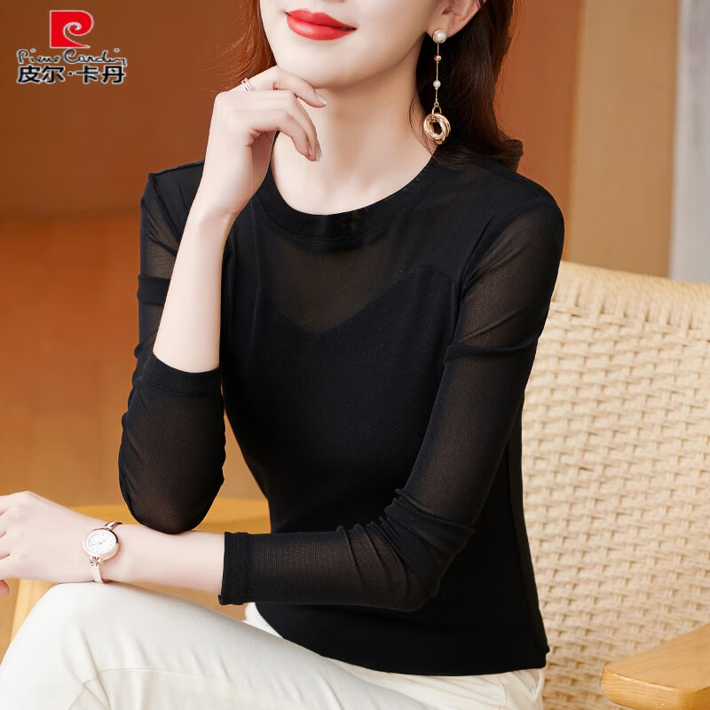 Pierre Cardin 2025 spring and autumn new style mesh bottoming shirt with T-shirt black fashionable style shirt lace top black M collar M recommended 85-100 pounds