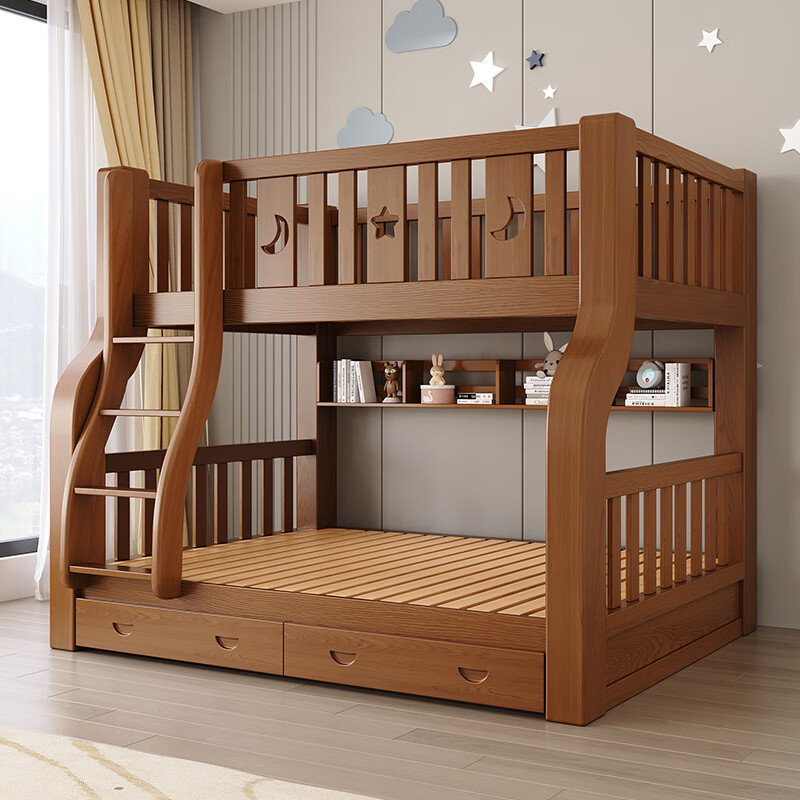 Fengxuantang walnut wood children's bunk bed solid wood high and low bed bunk bed upper bunk bed two-layer wooden bed double bed ladder cabinet style bare bed + mattress + bookshelf + double drawers upper bunk width 160 bottom bunk width 180