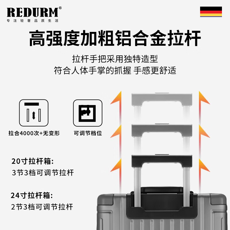 REDURM suitcase trolley case, aluminum magnesium alloy large capacity case, high-end suitcase, men's boarding case, password box, universal wheels, steel gun color - luxury aviation-grade aluminum alloy hard case, 20 inches, boardable/suitable for short-term travel
