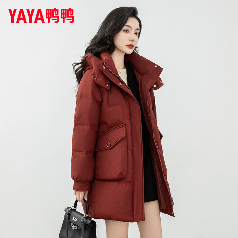 YAYA (YAYA) Qi Ji Red Zodiac Year Women's Medium Long Down Jacket 2025 Winter New Year Fashion Korean Style Hooded Warm Jacket Trendy Maroon-YE3B635155L Zodiac Red/Lucky Style M 110-140 Jin