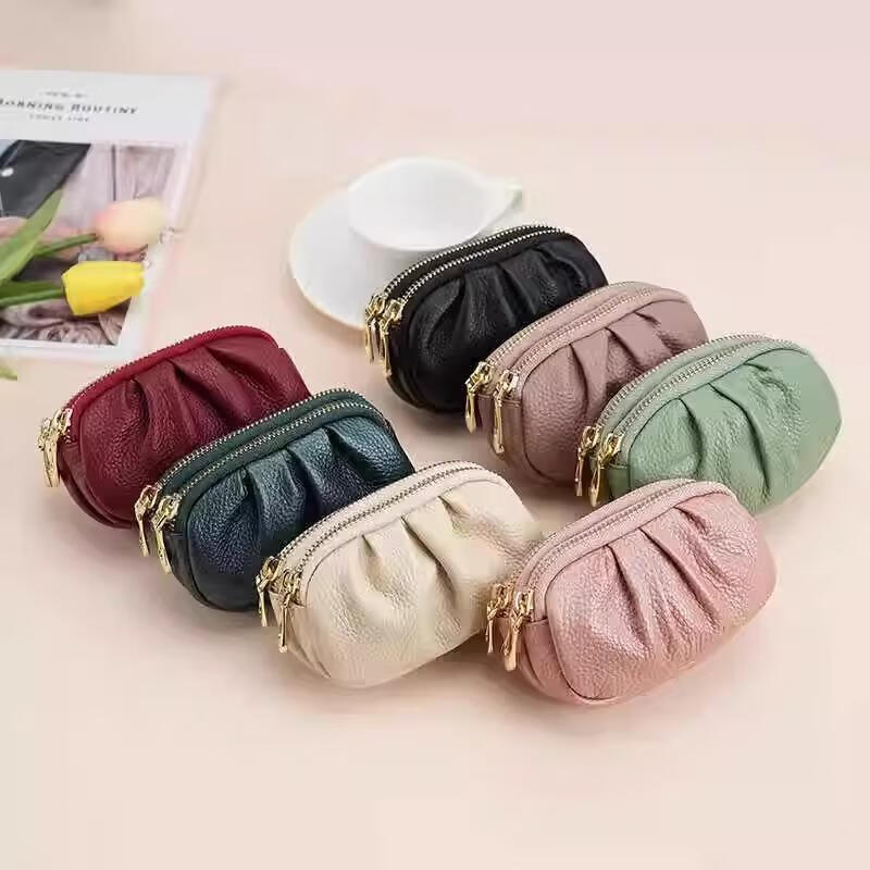 Chajin's new niche pleated hand-held zipper small wallet women's texture mini storage key bag card holder fashionable coin purse brown-double zipper coin purse