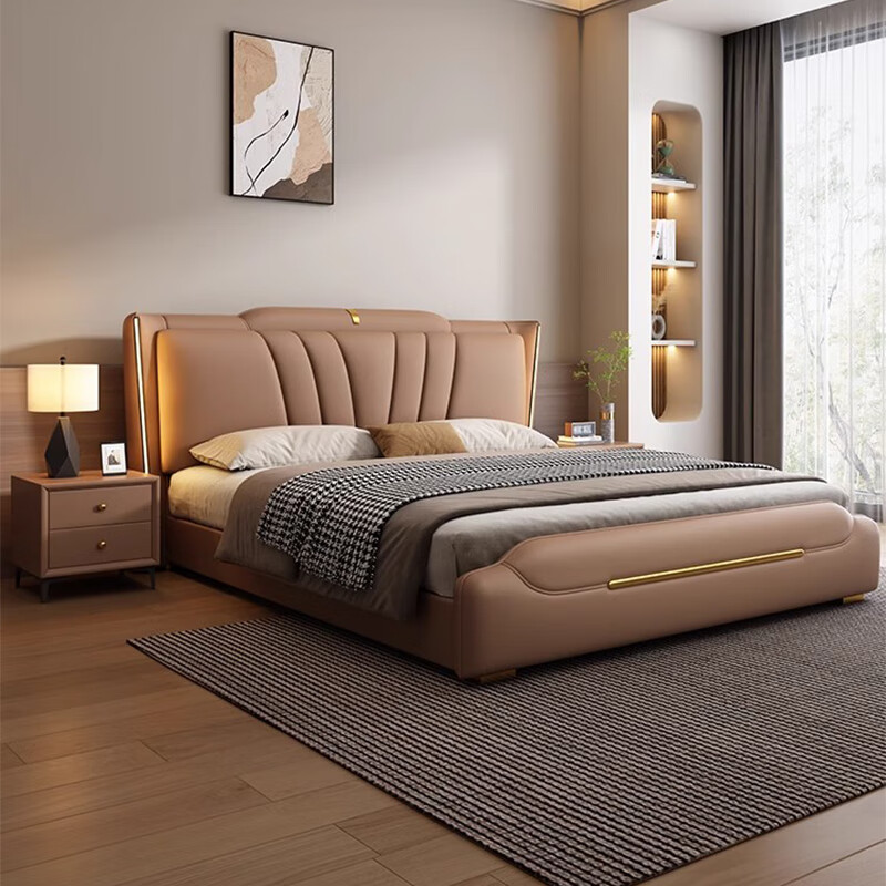 Modern simple Italian light luxury master bedroom double bed large bed storage bed furniture leather bed soft-packed bed leather bed wedding bed leather bed door-to-door delivery 1800mm*2000mm frame structure