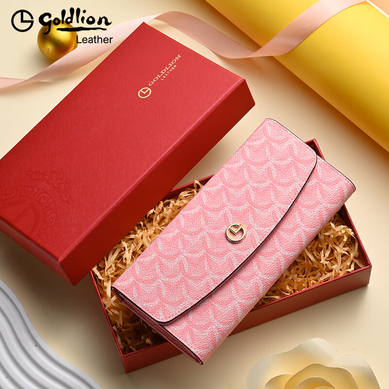 Goldlion Wallet Women's 2025 New Simple Small Fresh Clutch Fashionable Versatile Multifunctional Large Capacity Long Wallet Elegant Pink