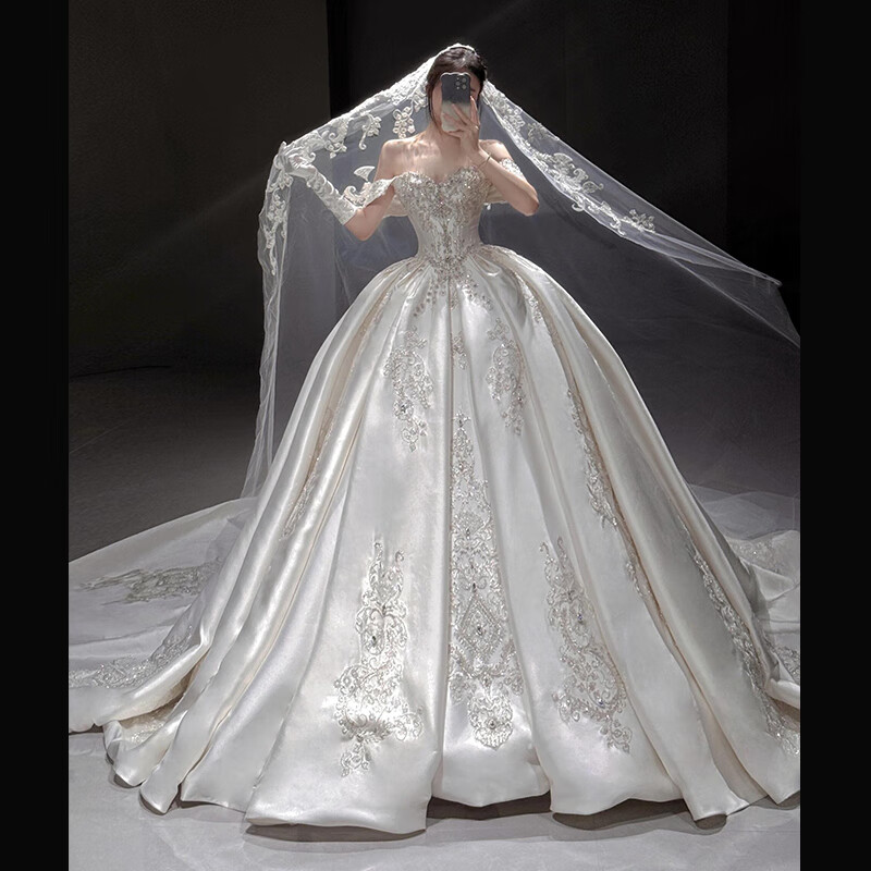 Wenmi French wedding dress bridal main yarn satin one-shoulder light dress 2025 new texture small trailing woman white floor-length wedding dress 2XL