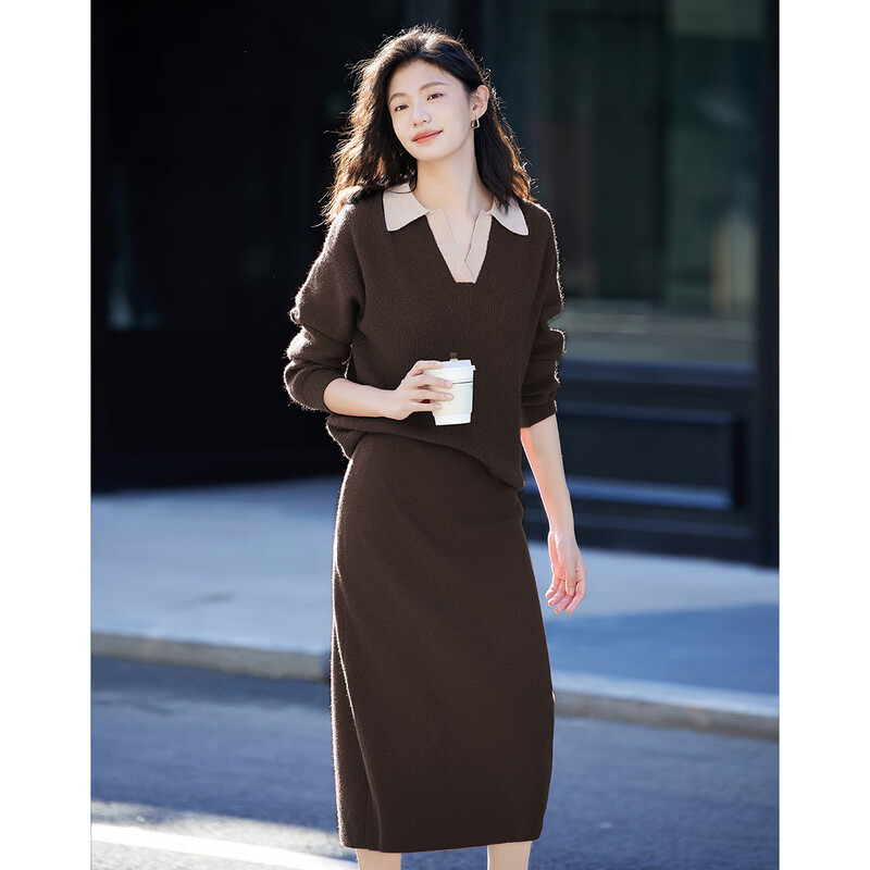 Demana Contrast Color Polo Collar Suit Autumn Long Sleeve Pullover Two-piece Set for Women