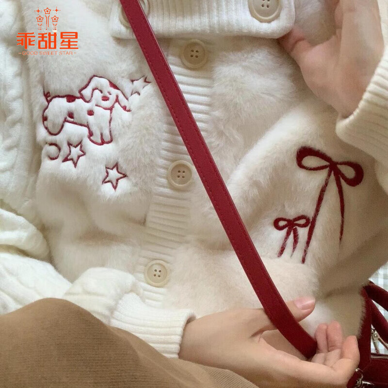 Good sweet star little short quilted rabbit fur short coat for women autumn and winter new top velvet thickened splicing sweater off-white L 110-125 pounds