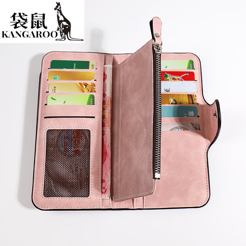 Kangaroo (KANGAROO) card holder women's exquisite high-end soft leather frosted wallet women's long multi-card slot folding card holder wallet all-in-one bag for women pink