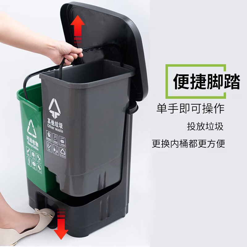 Garbage classification trash can commercial school wet and dry harmful food waste three-in-one foot-step double bucket 100L with lid 60 liters three categories green + gray + blue, free garbage bag