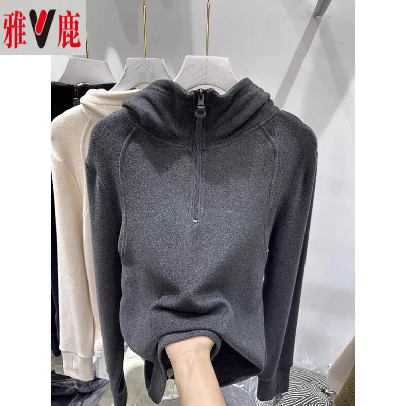 Yalu European double-sided German velvet inner bottoming shirt for women in autumn and winter half-zip hooded sweatshirt American loose top dark gray high-end and super good-looking sweatshirt/sweatshirt L