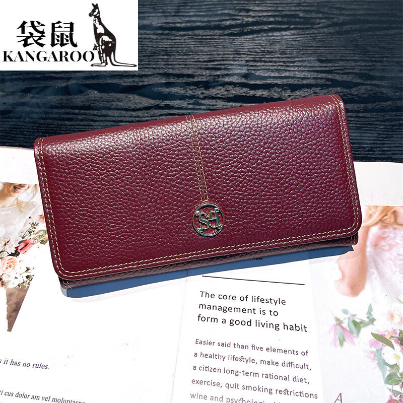 Kangaroo Pure Cow Leather Long Hand Wallet Women's Versatile 2026 New Genuine Leather Thin Multi-Card Slots Wallpaper Holder for Mobile Phones Black - First Layer Cowhide Multi-Card Slots for Mobile Phones