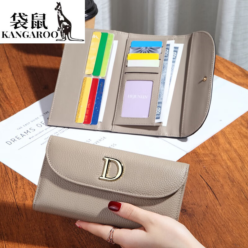 Kangaroo Fashion D-shaped Genuine Leather Ultra-Thin Long Wallet Female Internet Celebrity New Soft Cowhide Three-fold Large Capacity Wallet for Mobile Phones Black - First Layer Cowhide (Thirty-fold Large Capacity) Gift Box