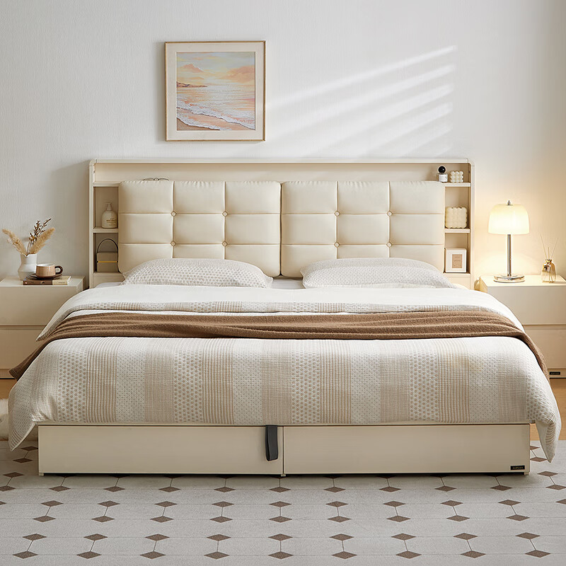 Quanyou Home Cream Style High Box Storage Bed Master Bedroom 1.8 Meter Drawer Storage Bed Home Soft Backrest Double Bed