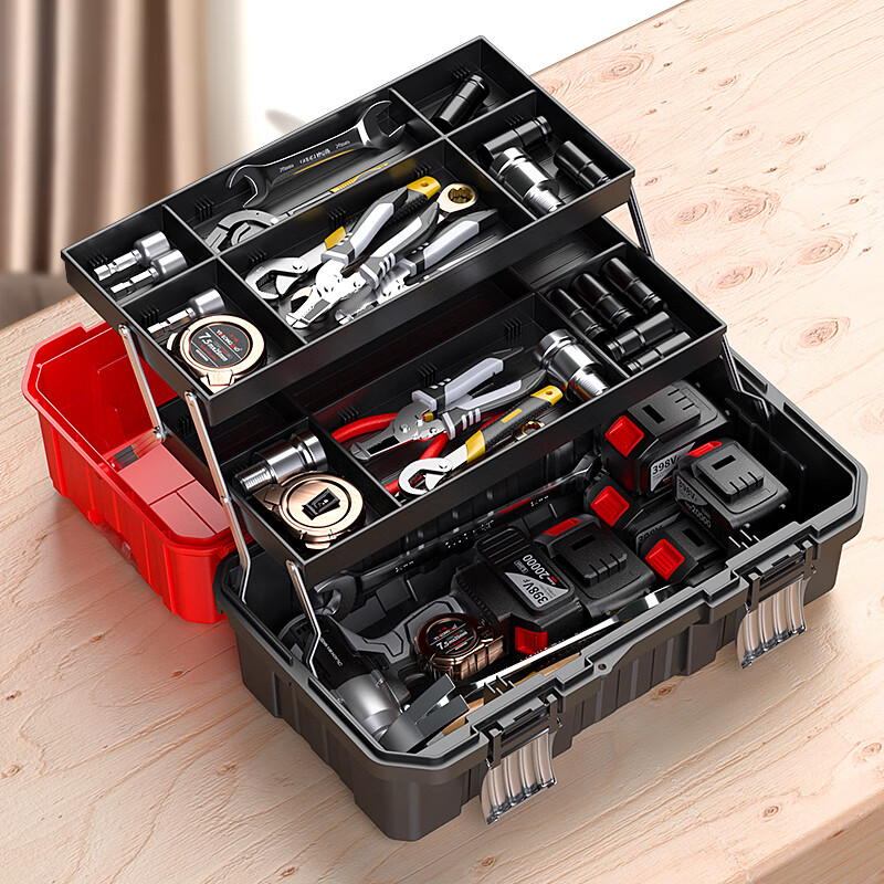 Otis tool box storage box industrial-grade three-layer folding stainless steel tool box full set of household hardware car storage box 17-inch three-layer folding tool box