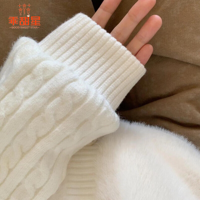 Good sweet star little short quilted rabbit fur short coat for women autumn and winter new top velvet thickened splicing sweater off-white L 110-125 pounds