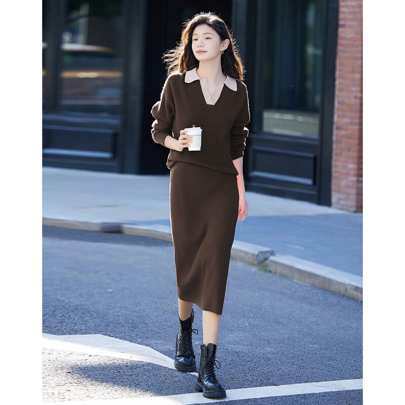 Demana Contrast Color Polo Collar Suit Autumn Long Sleeve Pullover Two-piece Set for Women