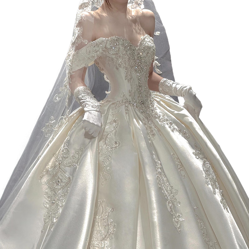 Wenmi French wedding dress bridal main yarn satin one-shoulder light dress 2025 new texture small trailing woman white floor-length wedding dress 2XL