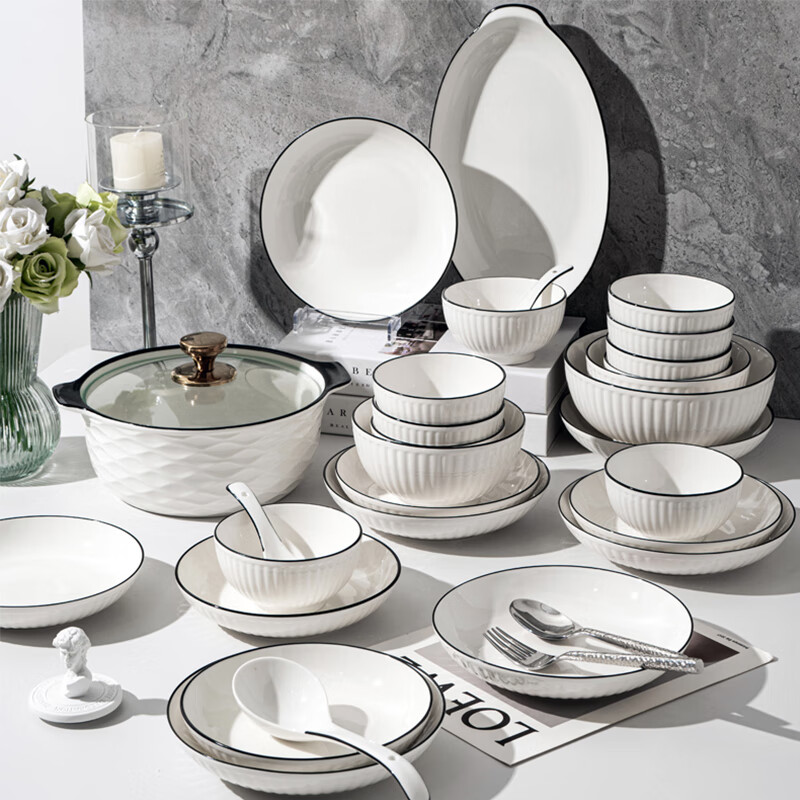 KANGQIN underglaze color tableware and dishes set household ceramic housewarming tableware luxury 12-person soup pot exquisite gift box