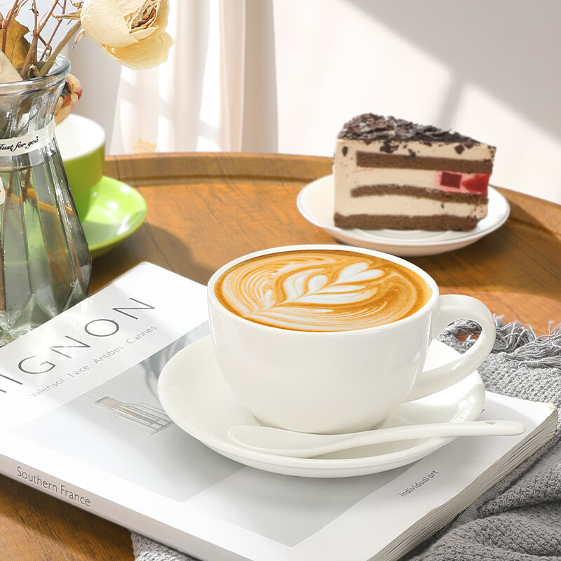 Mongdio European Ceramic Coffee Cup and Saucer Home Latte Cup Large Capacity 300ml Latte Art Cup and Saucer Set White 300ml