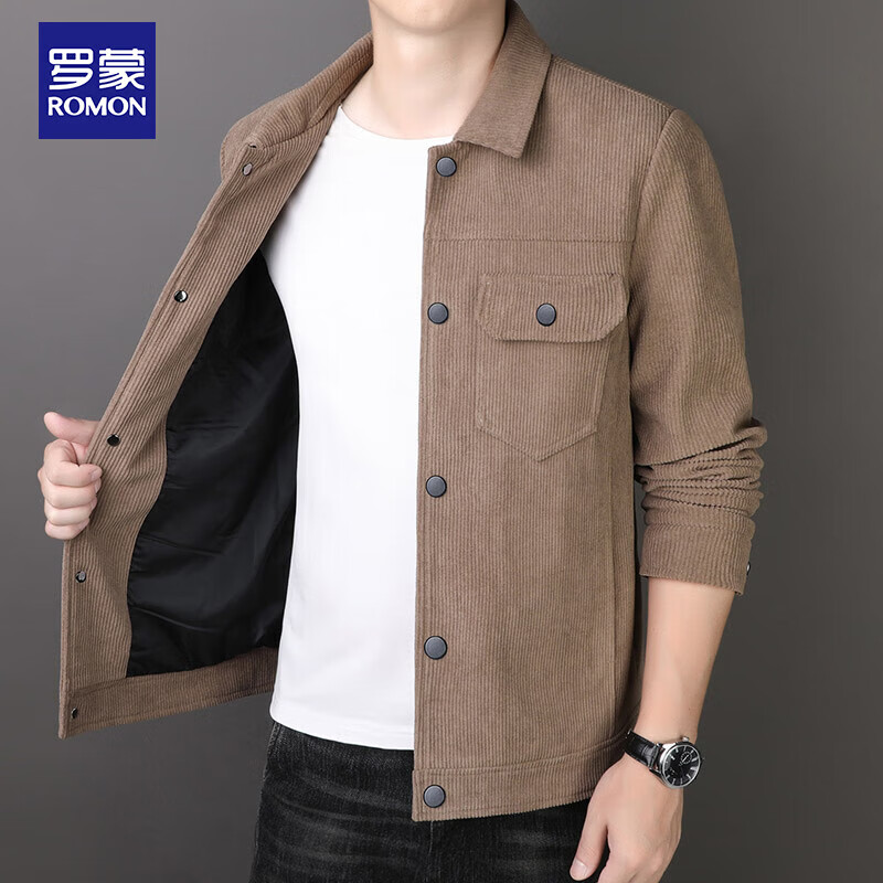 ROMON jacket men's autumn trendy lapel solid color top business executive corduroy jacket men 2270 Khaki XL