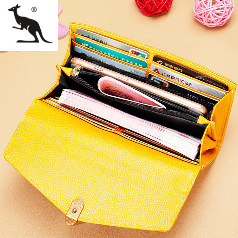 Kuqi Kangaroo pure leather yellow wallet women's long 2025 new genuine leather zipper for mobile phone large capacity wallet thin burgundy (first layer cowhide anti-theft brush)