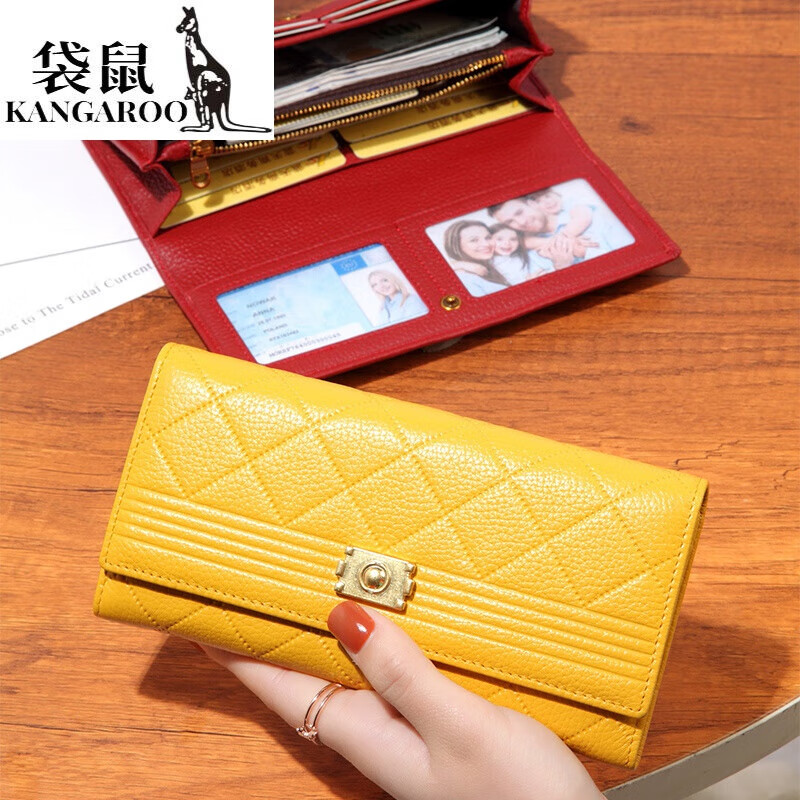 Kangaroo Yellow Lucky Leather Long Wallet Female Xiaofengfeng Internet Celebrity New Dual Photo Slot Wallet Large Capacity for Mobile Phone Valentine's Day Birthday Gift Box Yellow
