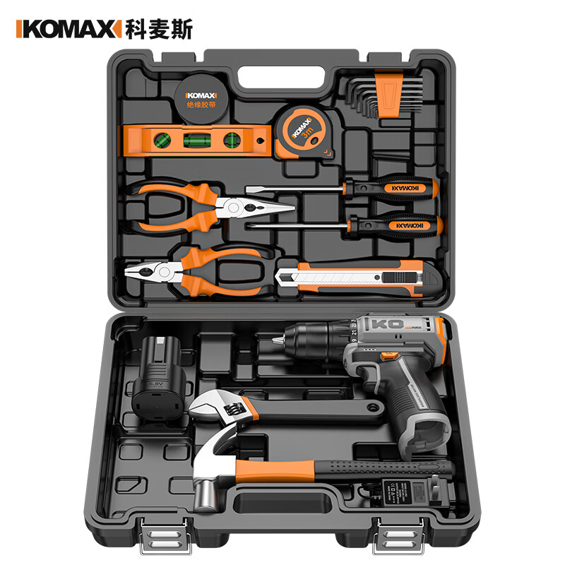 KOMAX household electric drill tool set multi-function electric drill tool box complete electrician woodworking vehicle repair screwdriver KO brushless with impact 1 battery/town house prosperous