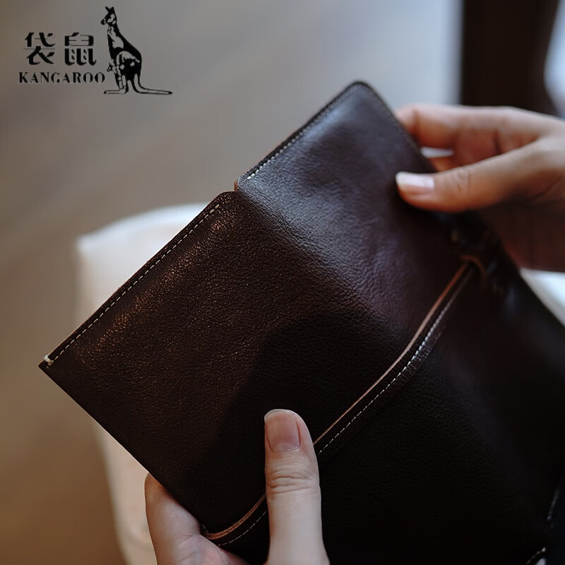 Kangaroo (KANGAROO) vegetable tanned cowhide soft retro drawstring large capacity multi-card slot genuine leather practical women's long wallet wallet coffee
