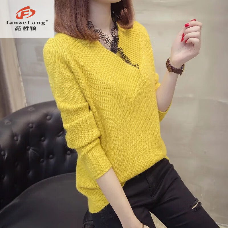 Fan Zhe Lang (FANZELANG) v-neck sweater women's loose Korean style lace 200 pounds plus fat plus size women's knitted bottoming shirt fat sister autumn and winter khaki color one size 80-120