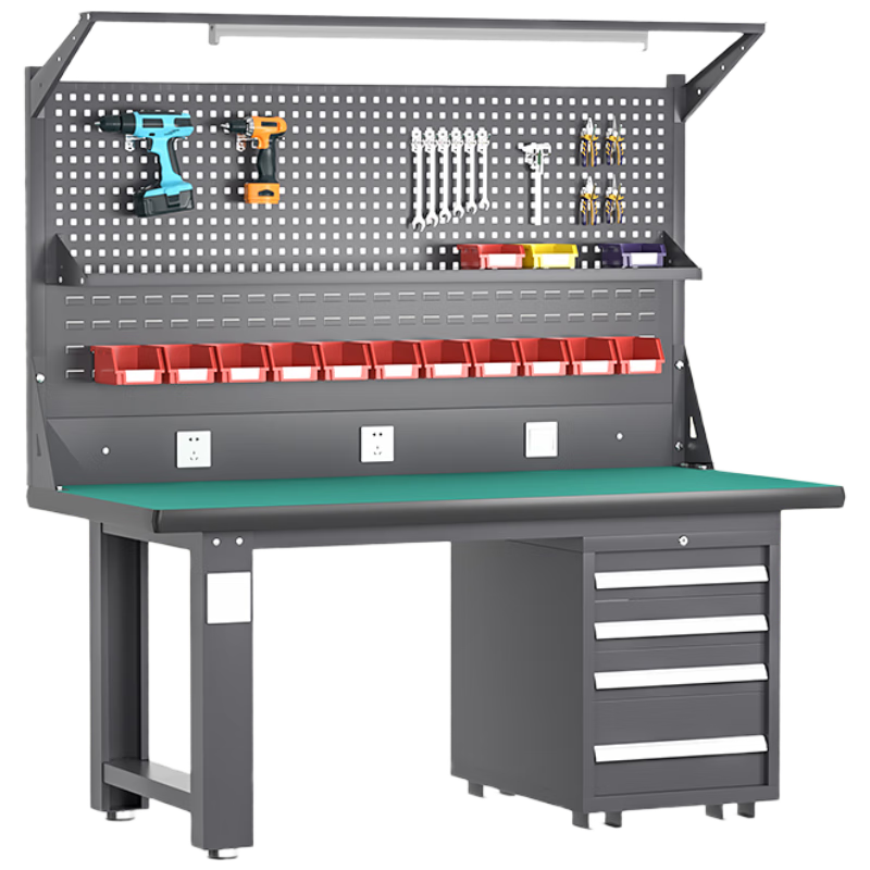 Baigang Heavy Duty Workbench Anti-static Maintenance Table Workshop Fitter Operation Table Assembly Line Packing Table Fixed Four Drawers + Double Hanging Plate + Light Stand + Shed Plate 2100*750*1820