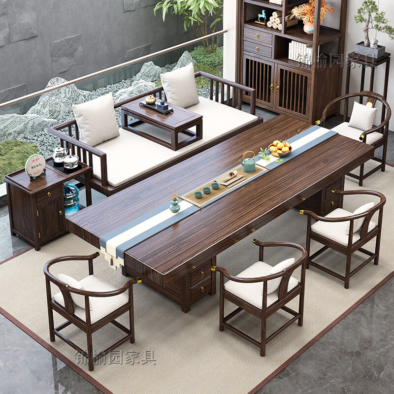 Jinyuyuan black gold large solid wood Arhat bed tea table and chair combination living room home coffee table office tea table tea table 2.2m flat model + Arhat bed + 5 palace chairs + side cabinet