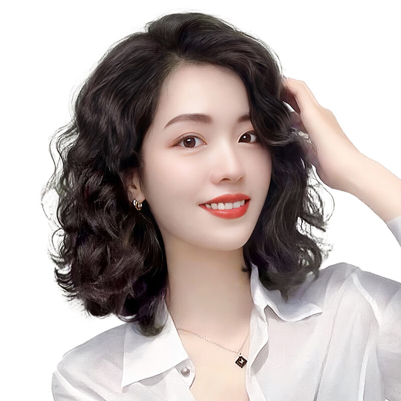 German quality wig piece for women to add fluffy hair volume to cover white hair, thin and seamless curly hair, full real hair, side-swept bangs - 35cm - natural black