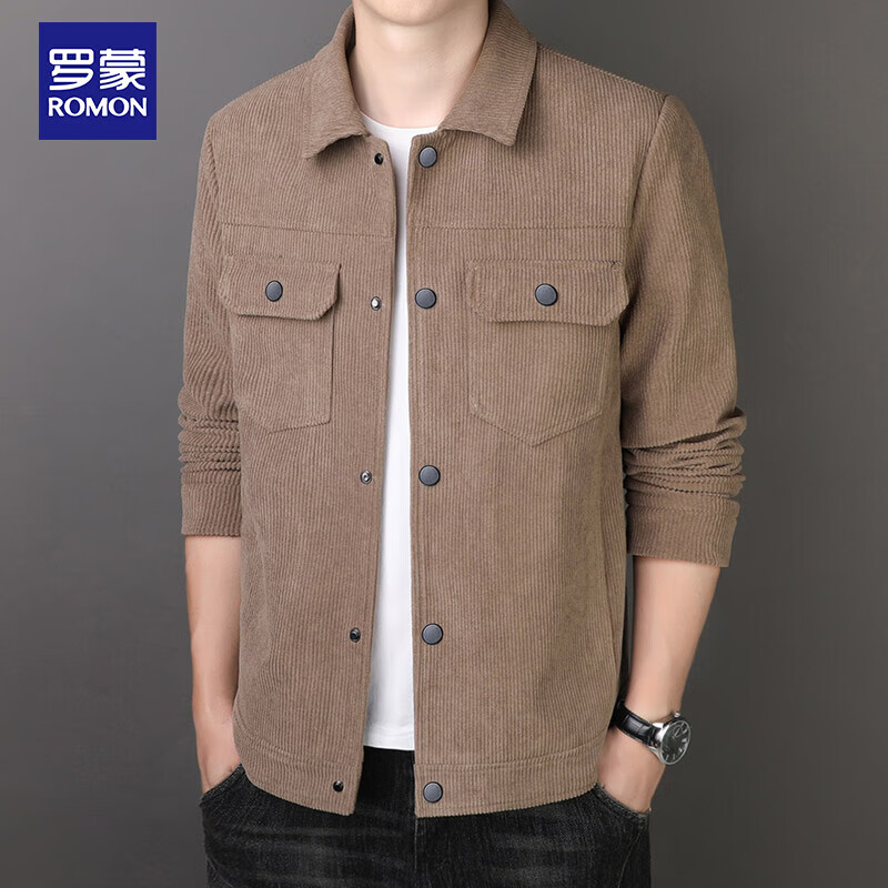 ROMON jacket men's autumn trendy lapel solid color top business executive corduroy jacket men 2270 Khaki XL