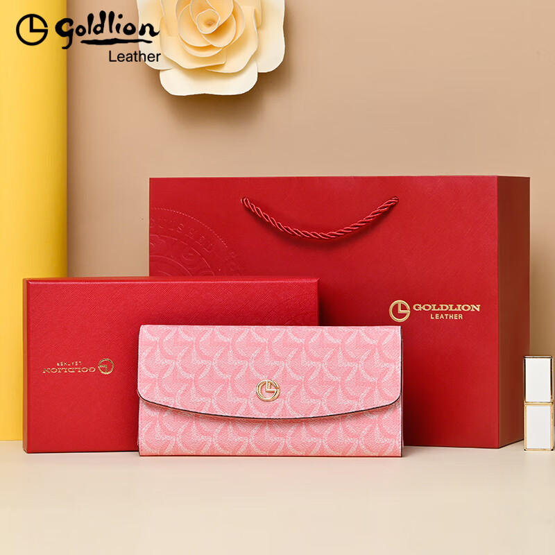 Goldlion Wallet Women's 2025 New Simple Small Fresh Clutch Fashionable Versatile Multifunctional Large Capacity Long Wallet Elegant Pink