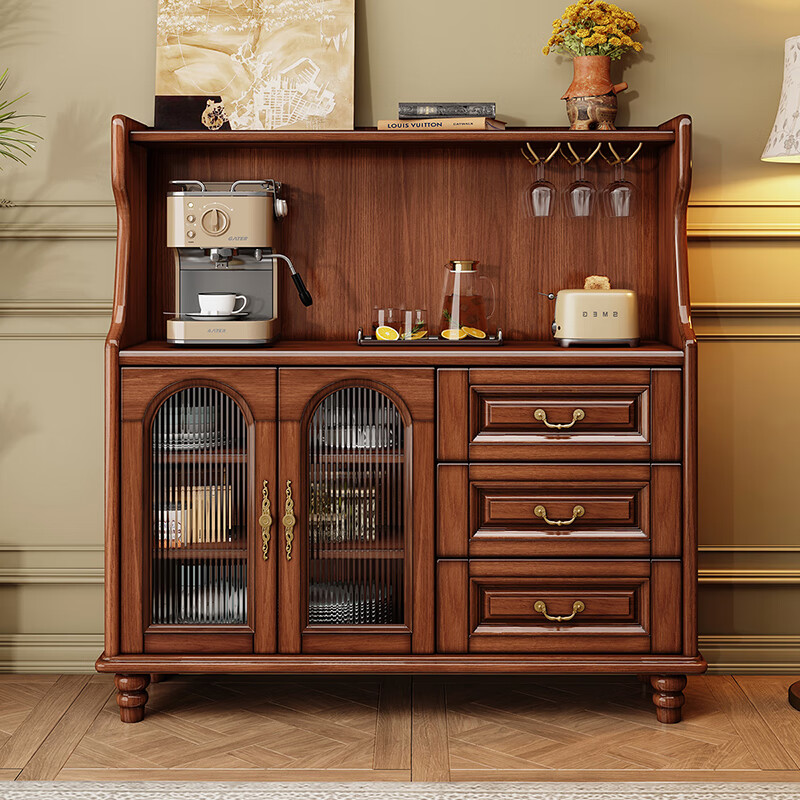 Wood grid Shangpin American retro solid wood sideboard home kitchen cabinet mahogany large storage storage wine cabinet wall cupboard retro walnut color sideboard