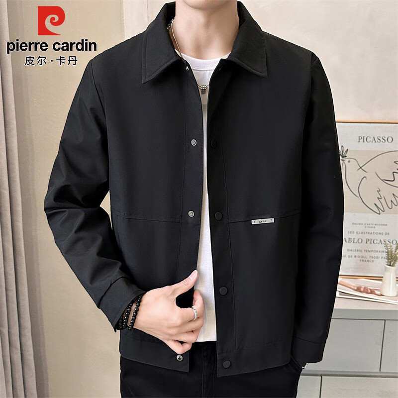 Pierre Cardin Jacket Men's Spring and Autumn Trendy Lapel Casual Work Jacket Men's Outerwear Men's Clothing Black XL