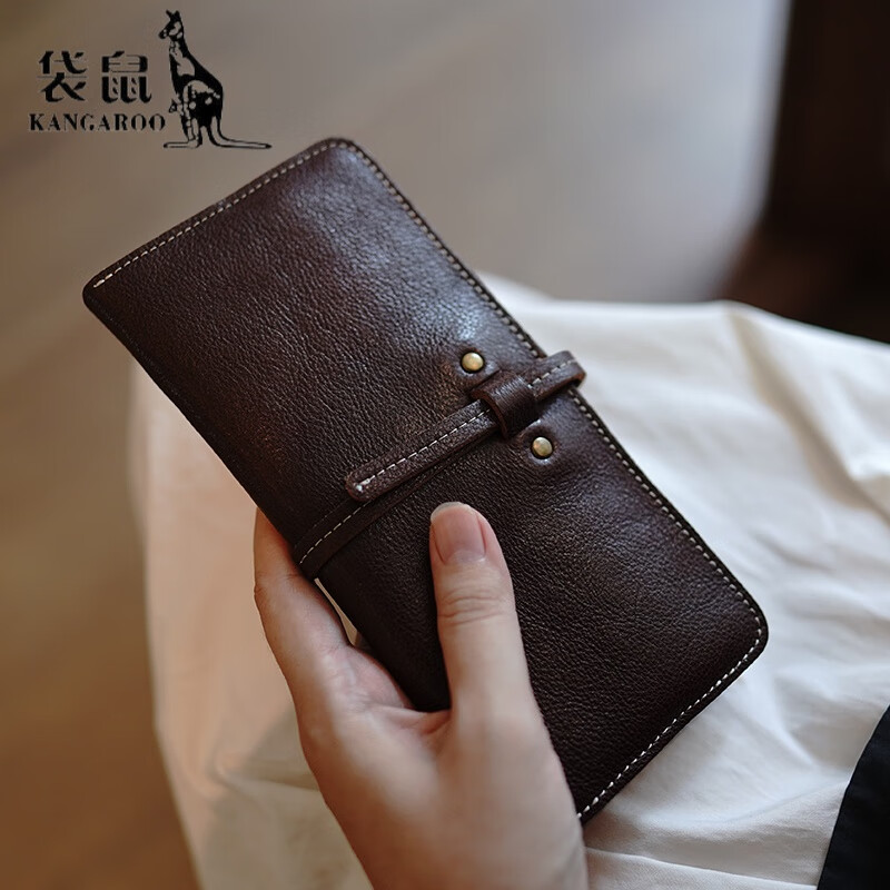 Kangaroo (KANGAROO) vegetable tanned cowhide soft retro drawstring large capacity multi-card slot genuine leather practical women's long wallet wallet coffee
