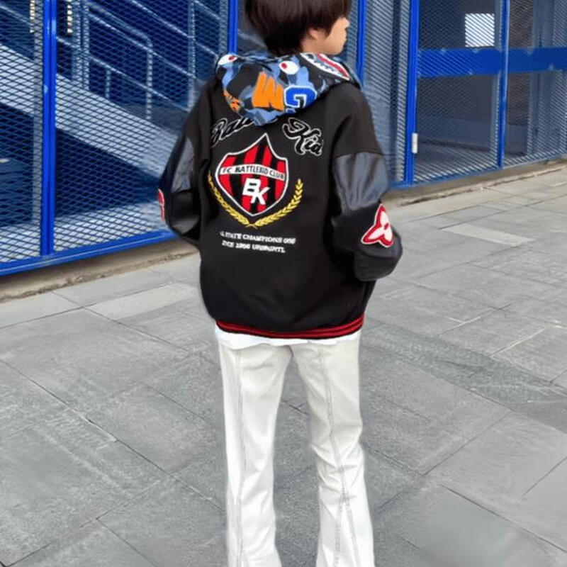 Luyal American trendy heavy-duty embroidered PU leather splicing jacket for men and women in autumn and winter thickened baseball uniform jacket high street tops black XL