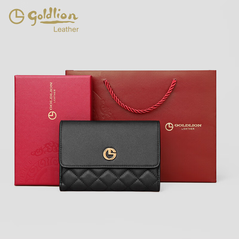 Goldlion Wallet Women's Short 2025 New Fashion Genuine Leather Women's Wallet Simple Tri-fold Card Holder Small Coin Purse Black
