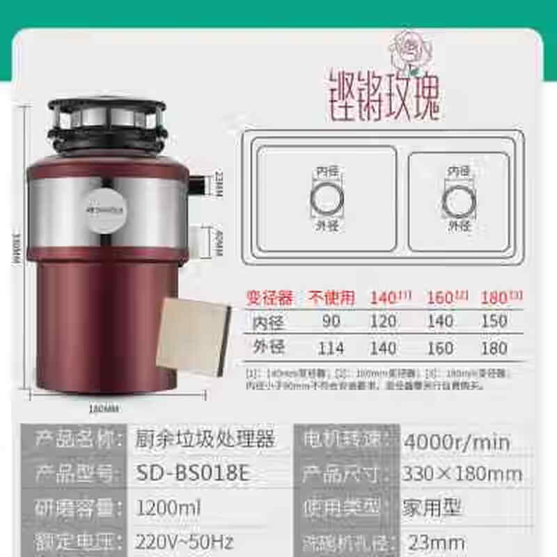 YWZR Garbage Disposer Soundproof w Noise Reduction Fully Automatic Kitchen Waste Food Shredder Red
