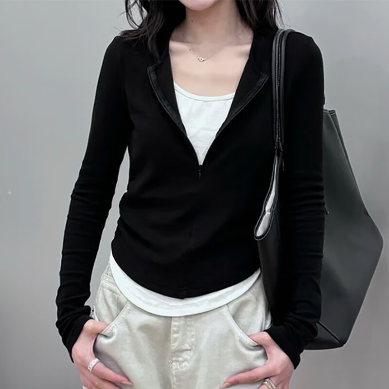 Jian Qingyi V-neck fake two-piece black bottoming shirt for women in autumn and winter, which can be worn outside with a foreign style and high-end long-sleeved T-shirt slim fit top. Fake two-piece V-neck half-zip bottoming shirt, black and white, L. Recommended under 115 catties.