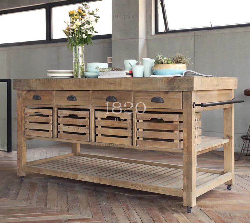 Kezitu customized island solid wood cooking table open sideboard retro home console American country dining table cabinet solid wood countertop 80*60*85 two drawers