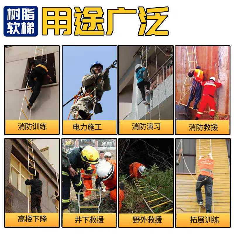 People's Safety Rope Ladder Escape Ladder Fire Escape Ladder Emergency Fire Rescue Training Home Self-Rescue Telescopic Folding Rope Ladder Polyester Resin Fire Ladder 10 Meters + Double Hooks + Screws
