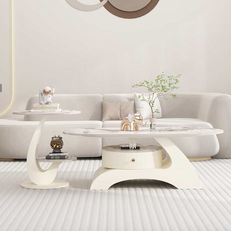 Champs Ruijing cream style slate coffee table for living room 2026 new style light luxury high-end home modern simple creative tea table off-white base + snow mountain white slate + side table 50CM length 130CM width 70CM height 45CM