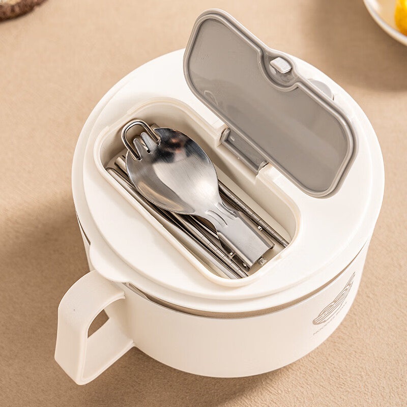 Guangyi 304 stainless steel instant noodle bowl student office worker lunch box with lid large capacity white with chopsticks and spoon GY7323