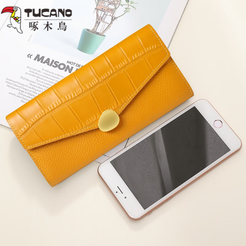 Woodpecker (TUCANO) Yellow Lucky Large Capacity Genuine Leather Wallet for Women 2026 New Soft Cowhide Crocodile Pattern Hand Wallet for Mobile Phone Bag Rich Yellow