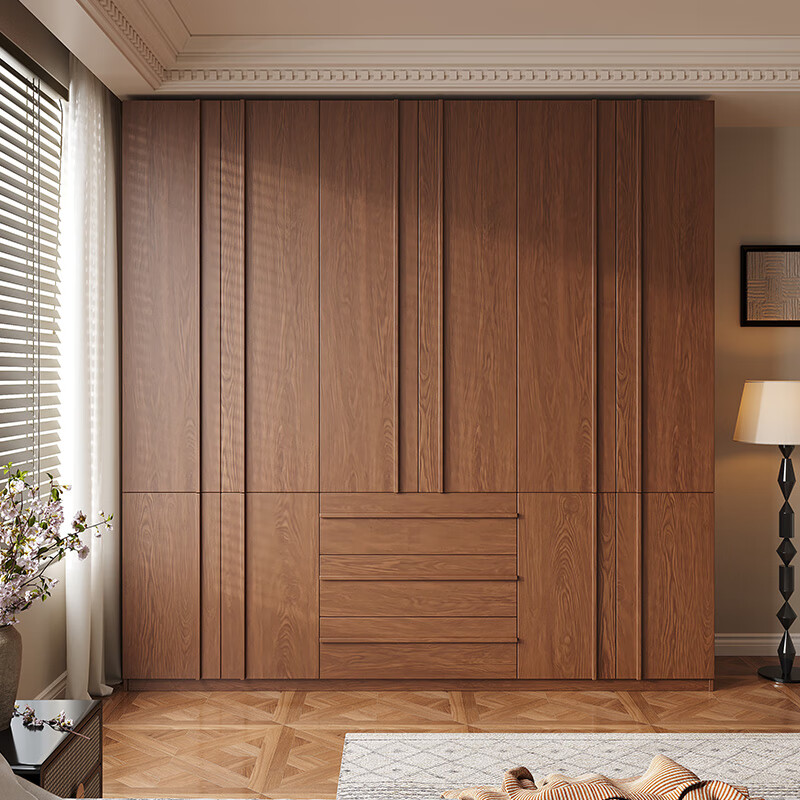 French poetry custom oak wardrobe solid wood mid-century style skeleton home master bedroom one door to top four-six door wardrobe 1.2 meters long * 2.2 meters high (three-door wardrobe) ENF maternal and child grade environmentally friendly antibacterial 18MM thickened oak