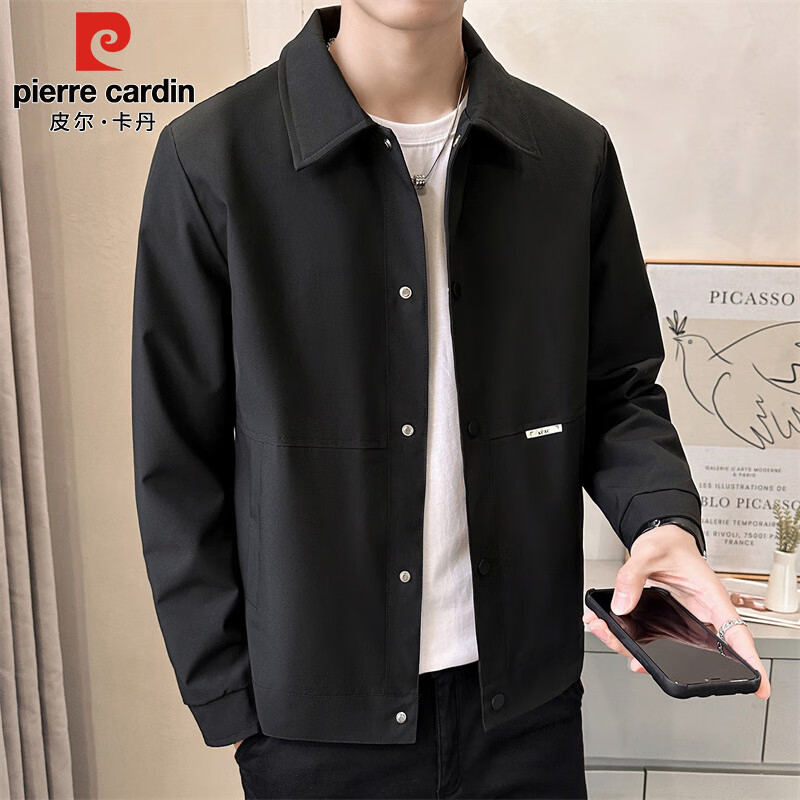 Pierre Cardin Jacket Men's Spring and Autumn Trendy Lapel Casual Work Jacket Men's Outerwear Men's Clothing Black XL
